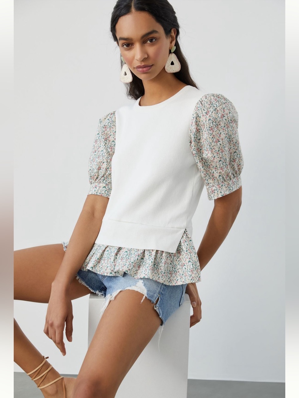 Layered Poplin-Sleeve Sweater